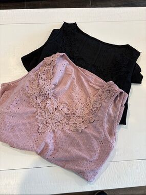 1XL set of 2 Sleeveless Lace Eyelet Tank Top - Dusty Rose and Black